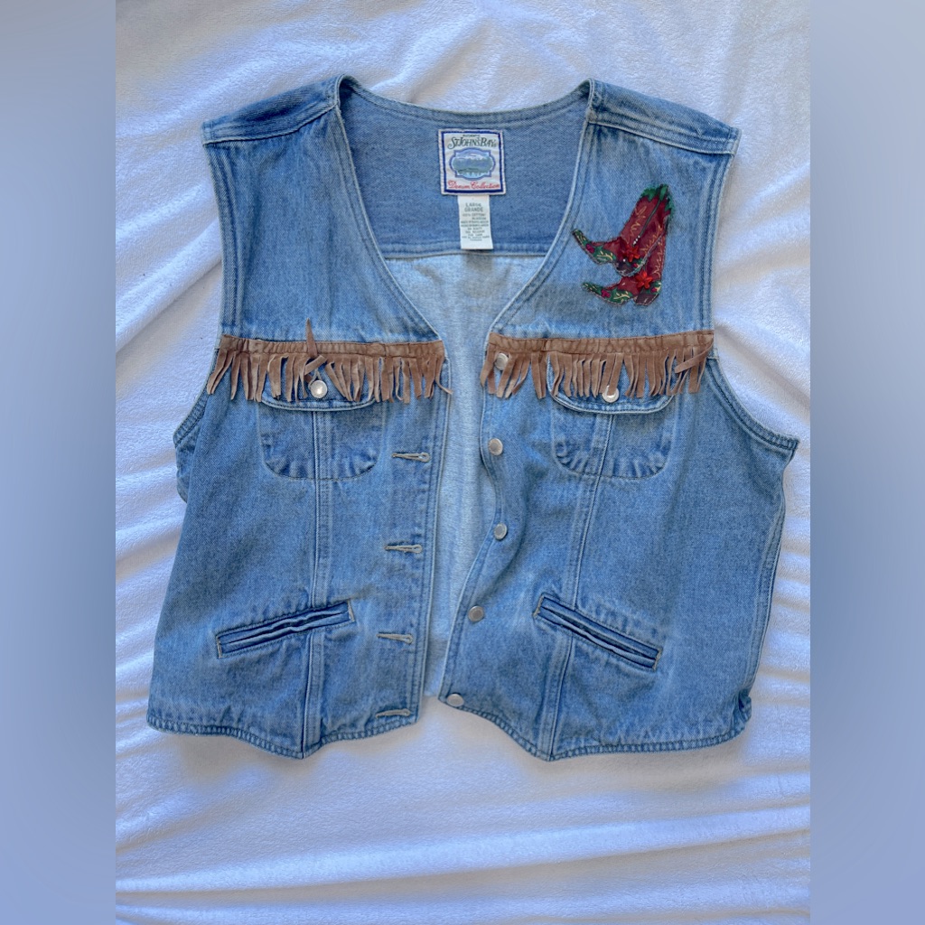 Vintage Cowboy Denim Vest With Suede Fringe Sequin Boots